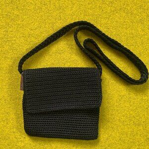 The Sak Crochet Crossbody Handbag Black Purse Silver Tone Hardware